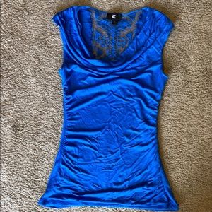 Blue Cute Fitted Top with Aztec Lace Back